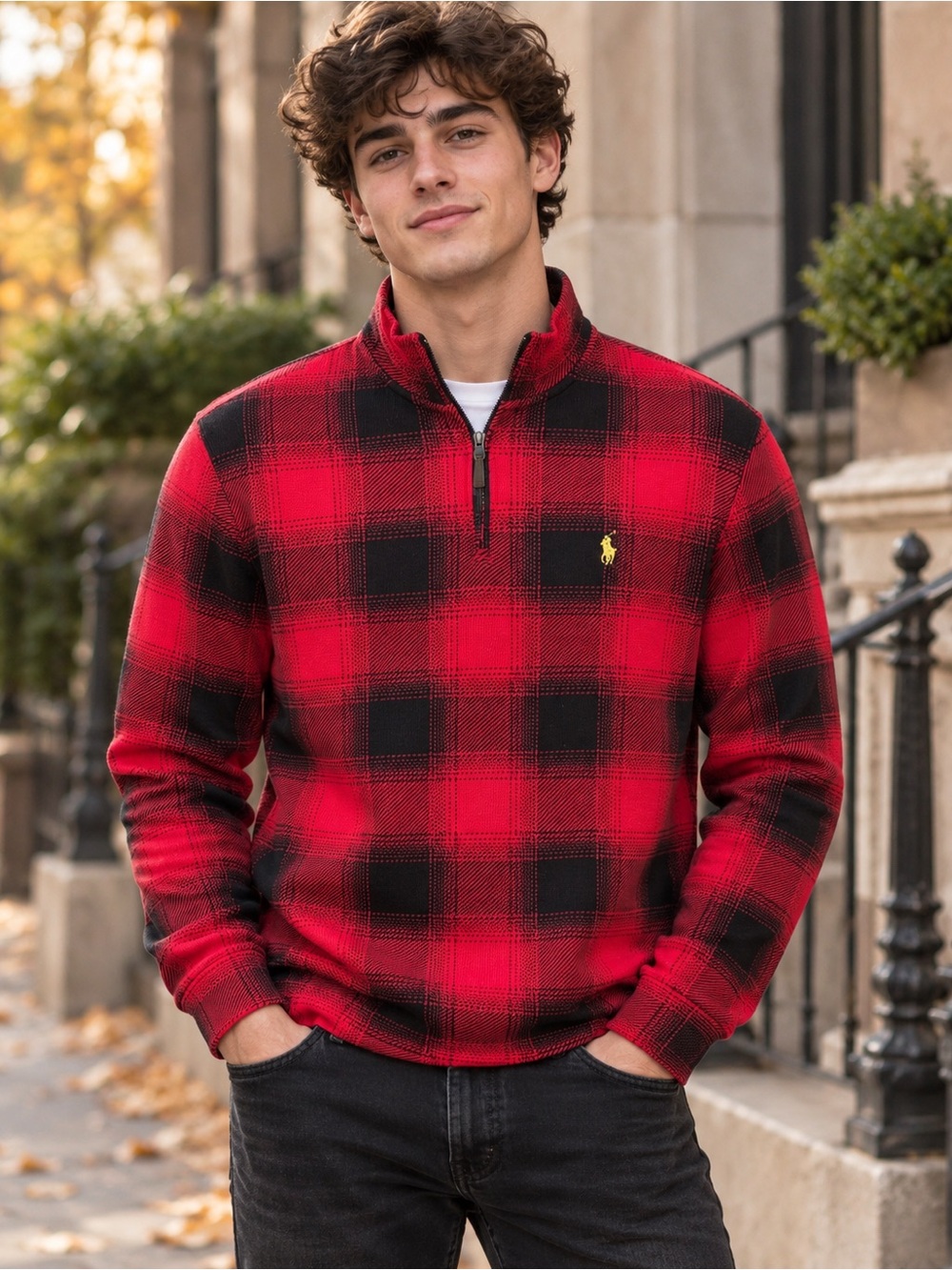 Polo by Ralph Lauren Medium Men’s Red and Black Checkered Zip-Up Sweater